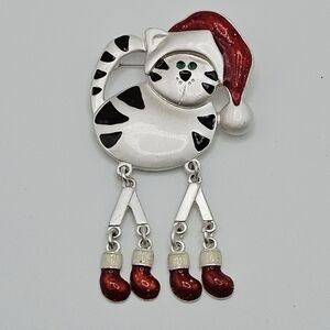 VINTAGE Silver Tone Enamel Dangle Legs Santa Cat Christmas Brooch Pin NR Avon